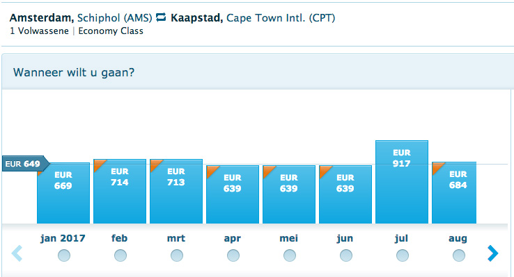 Dagelijks directe en goedkope KLM tickets naar Kaapstad